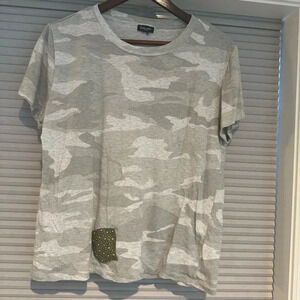 Splendid grey camo t-shirt upcycled with visible mending patch
